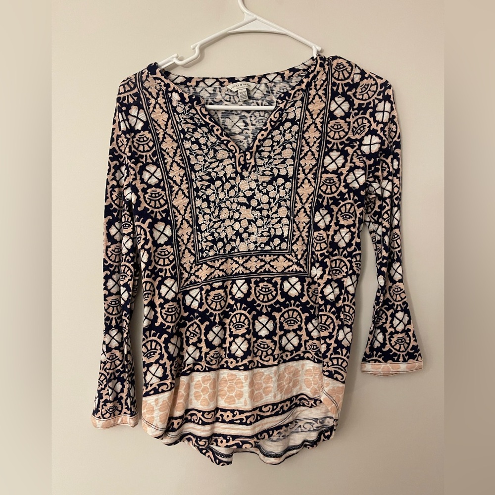 Lucky Brand Navy Blue & Pink Printed Boho Long Sleeve Blouse XS